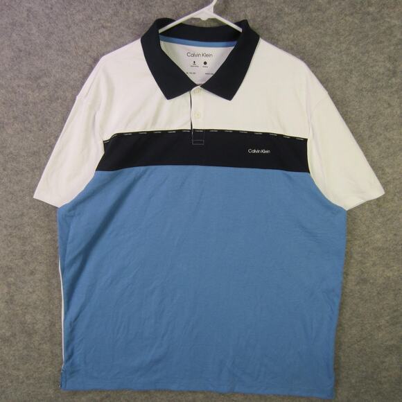 Calvin Klein Polo Shirt Mens XL White Blue Colorblock Performance Golf Wicking - Picture 1 of 7
